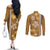 Gold Hibiscus Turle Couples Matching Off The Shoulder Long Sleeve Dress and Long Sleeve Button Shirt Hawaiian Style Tribal Tapa Pattern