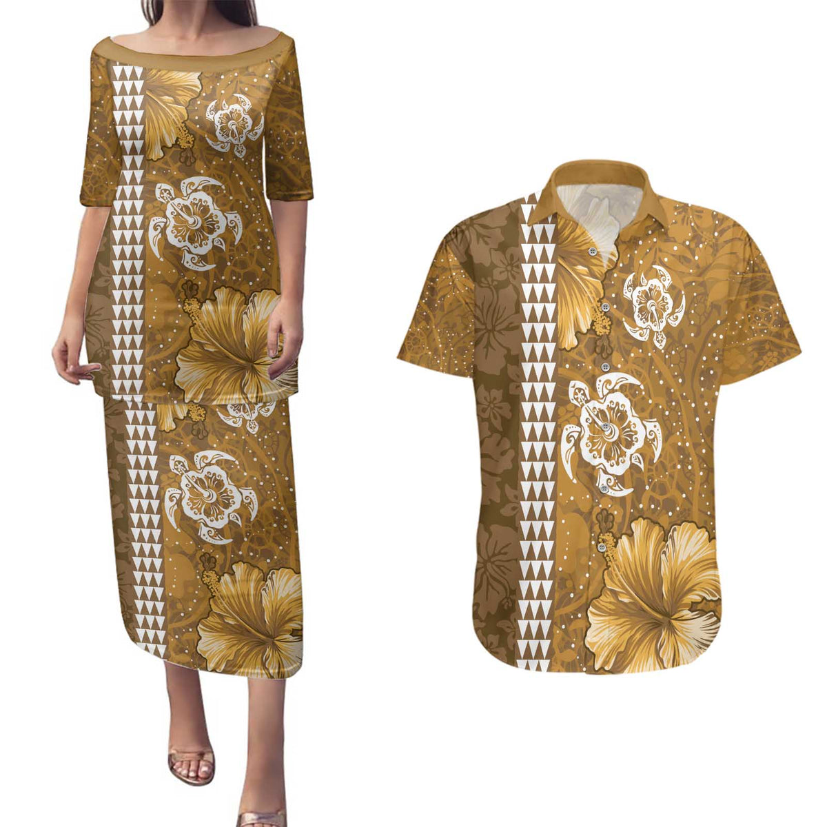 Gold Hibiscus Turle Couples Matching Puletasi and Hawaiian Shirt Hawaiian Style Tribal Tapa Pattern LT9 Gold - Polynesian Pride