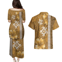 Gold Hibiscus Turle Couples Matching Puletasi and Hawaiian Shirt Hawaiian Style Tribal Tapa Pattern LT9 - Polynesian Pride