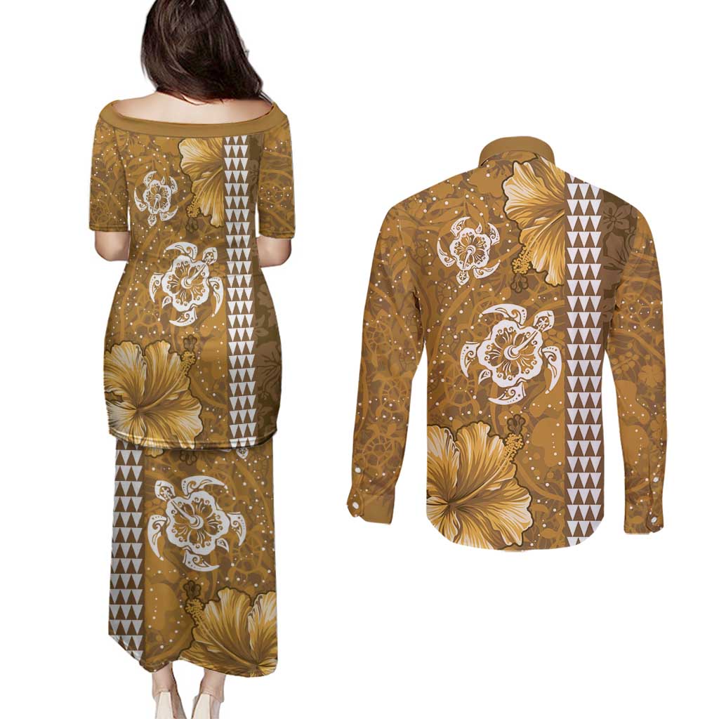 Gold Hibiscus Turle Couples Matching Puletasi and Long Sleeve Button Shirt Hawaiian Style Tribal Tapa Pattern