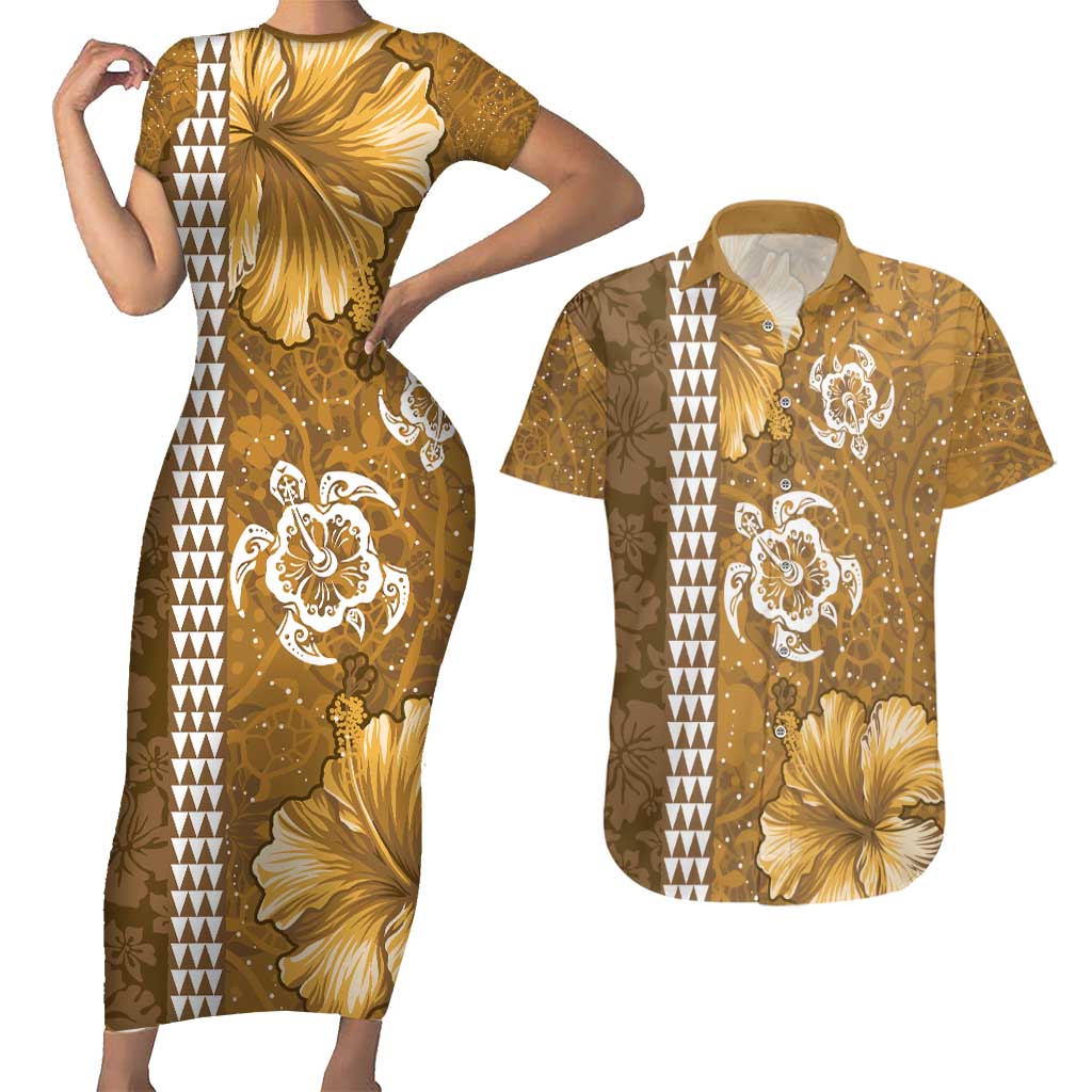 Gold Hibiscus Turle Couples Matching Short Sleeve Bodycon Dress and Hawaiian Shirt Hawaiian Style Tribal Tapa Pattern