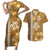 Gold Hibiscus Turle Couples Matching Short Sleeve Bodycon Dress and Hawaiian Shirt Hawaiian Style Tribal Tapa Pattern