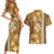 Gold Hibiscus Turle Couples Matching Short Sleeve Bodycon Dress and Hawaiian Shirt Hawaiian Style Tribal Tapa Pattern