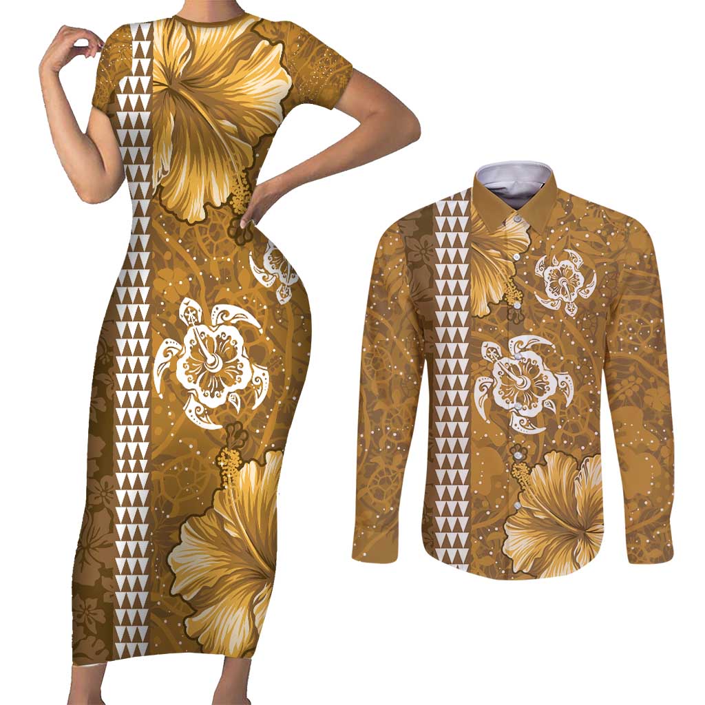 Gold Hibiscus Turle Couples Matching Short Sleeve Bodycon Dress and Long Sleeve Button Shirt Hawaiian Style Tribal Tapa Pattern