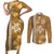 Gold Hibiscus Turle Couples Matching Short Sleeve Bodycon Dress and Long Sleeve Button Shirt Hawaiian Style Tribal Tapa Pattern