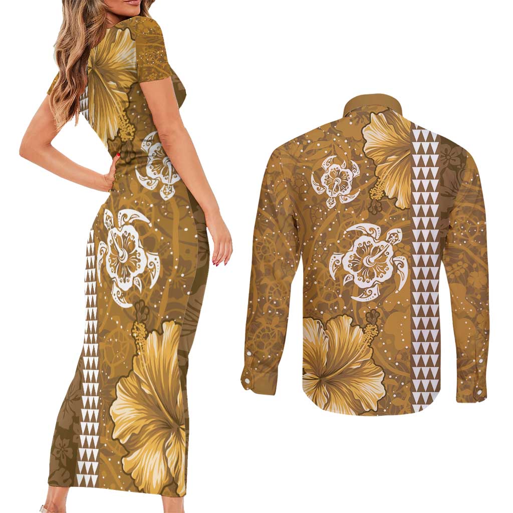 Gold Hibiscus Turle Couples Matching Short Sleeve Bodycon Dress and Long Sleeve Button Shirt Hawaiian Style Tribal Tapa Pattern