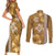 Gold Hibiscus Turle Couples Matching Short Sleeve Bodycon Dress and Long Sleeve Button Shirt Hawaiian Style Tribal Tapa Pattern