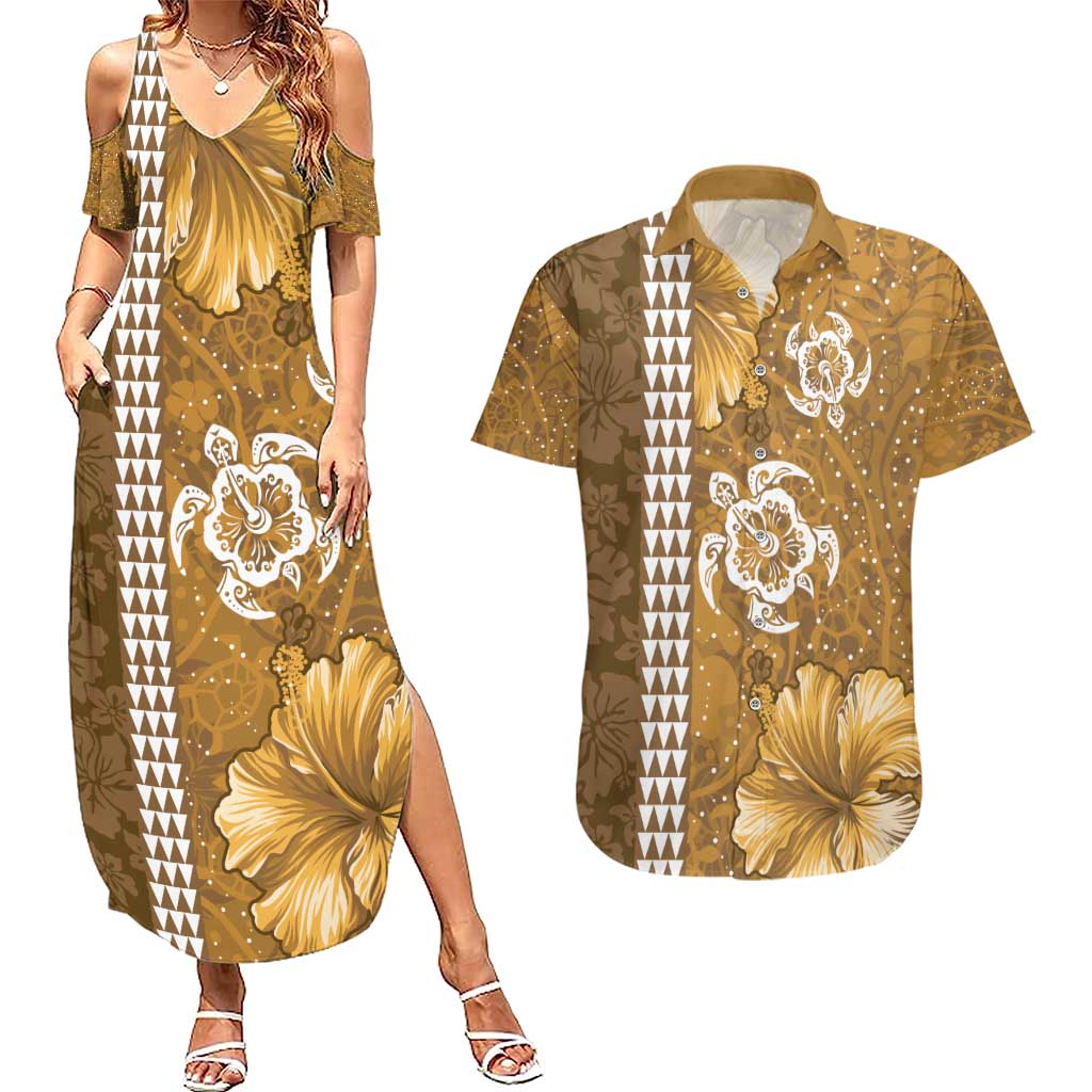 Gold Hibiscus Turle Couples Matching Summer Maxi Dress and Hawaiian Shirt Hawaiian Style Tribal Tapa Pattern