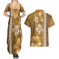 Gold Hibiscus Turle Couples Matching Summer Maxi Dress and Hawaiian Shirt Hawaiian Style Tribal Tapa Pattern