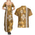 Gold Hibiscus Turle Couples Matching Summer Maxi Dress and Hawaiian Shirt Hawaiian Style Tribal Tapa Pattern