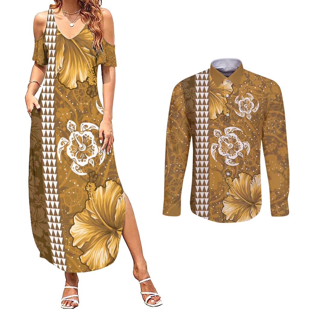 Gold Hibiscus Turle Couples Matching Summer Maxi Dress and Long Sleeve Button Shirt Hawaiian Style Tribal Tapa Pattern