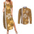 Gold Hibiscus Turle Couples Matching Summer Maxi Dress and Long Sleeve Button Shirt Hawaiian Style Tribal Tapa Pattern