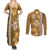 Gold Hibiscus Turle Couples Matching Summer Maxi Dress and Long Sleeve Button Shirt Hawaiian Style Tribal Tapa Pattern