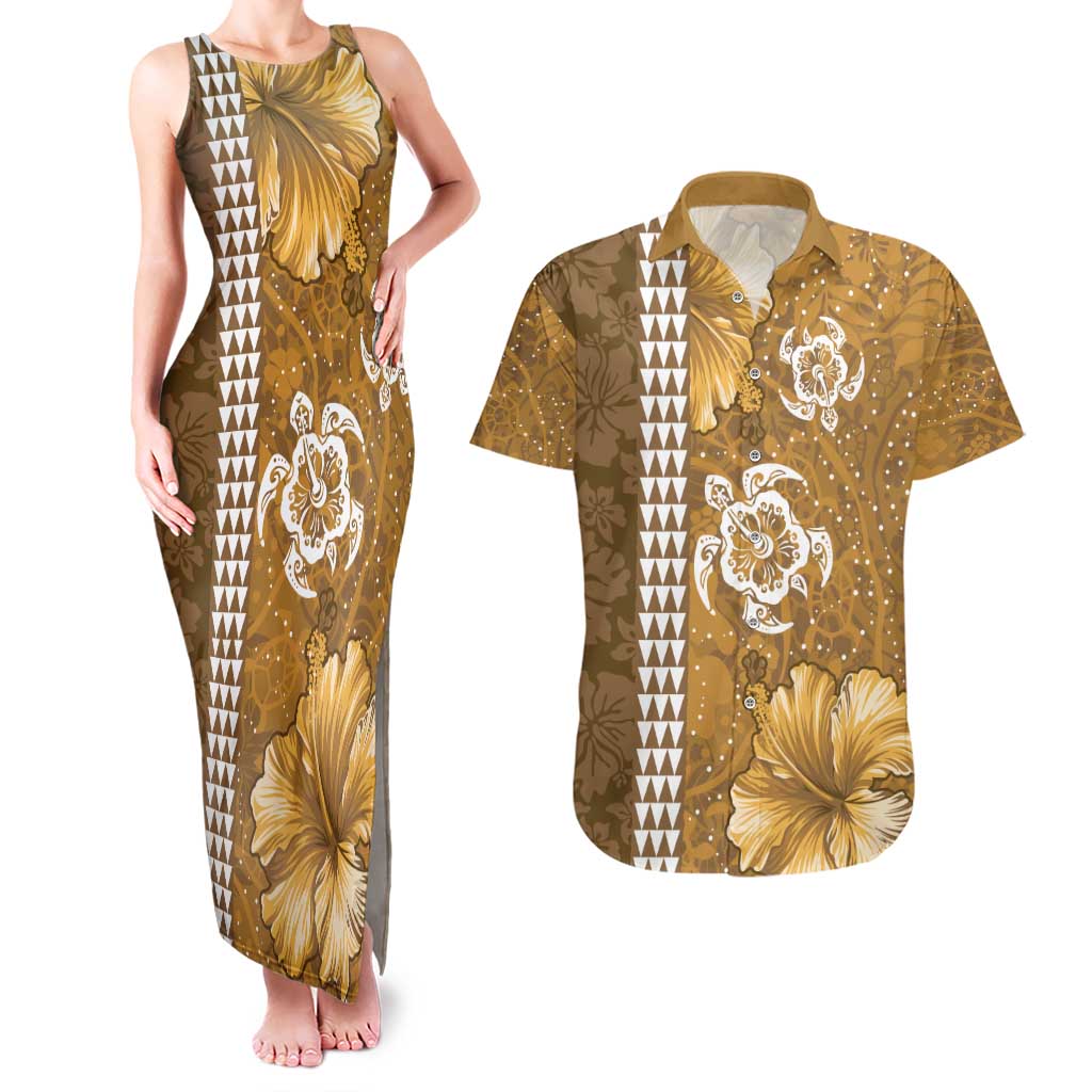 Gold Hibiscus Turle Couples Matching Tank Maxi Dress and Hawaiian Shirt Hawaiian Style Tribal Tapa Pattern