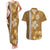 Gold Hibiscus Turle Couples Matching Tank Maxi Dress and Hawaiian Shirt Hawaiian Style Tribal Tapa Pattern