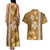 Gold Hibiscus Turle Couples Matching Tank Maxi Dress and Hawaiian Shirt Hawaiian Style Tribal Tapa Pattern