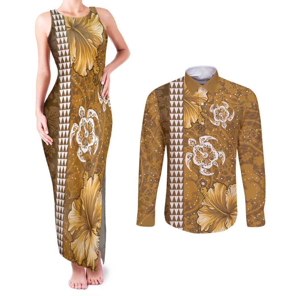 Gold Hibiscus Turle Couples Matching Tank Maxi Dress and Long Sleeve Button Shirt Hawaiian Style Tribal Tapa Pattern