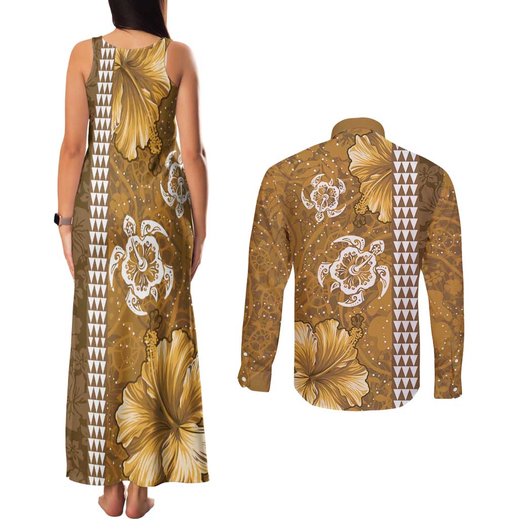 Gold Hibiscus Turle Couples Matching Tank Maxi Dress and Long Sleeve Button Shirt Hawaiian Style Tribal Tapa Pattern