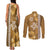 Gold Hibiscus Turle Couples Matching Tank Maxi Dress and Long Sleeve Button Shirt Hawaiian Style Tribal Tapa Pattern
