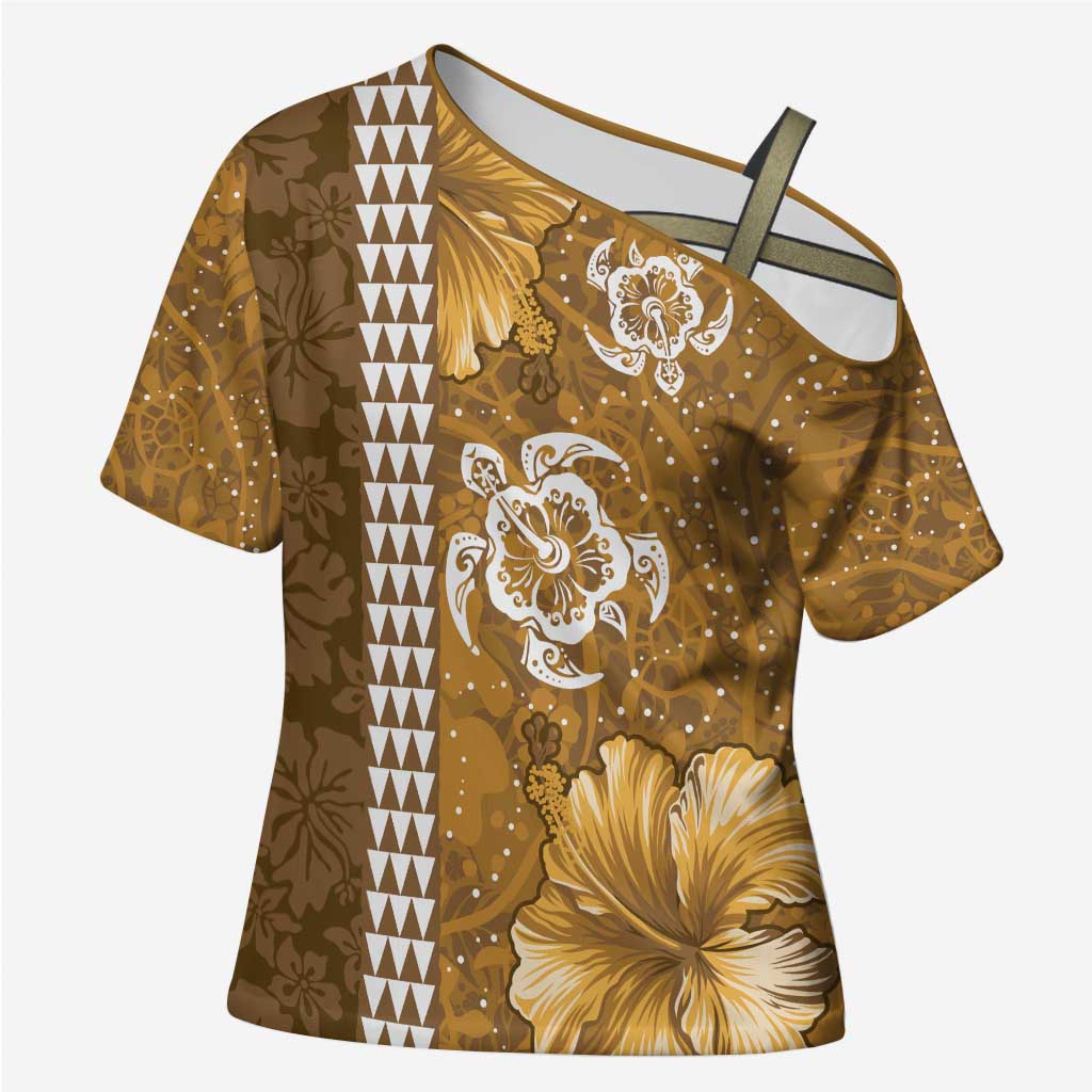 Gold Hibiscus Turle Cross Shoulder Shirt Hawaiian Style Tribal Tapa Pattern - Polynesian Pride