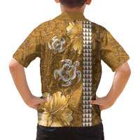Gold Hibiscus Turle Family Matching Long Sleeve Bodycon Dress and Hawaiian Shirt Hawaiian Style Tribal Tapa Pattern LT9 - Polynesian Pride