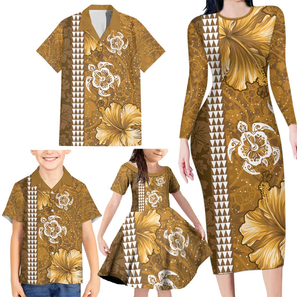 Gold Hibiscus Turle Family Matching Long Sleeve Bodycon Dress and Hawaiian Shirt Hawaiian Style Tribal Tapa Pattern LT9 - Polynesian Pride