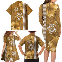 Gold Hibiscus Turle Family Matching Long Sleeve Bodycon Dress and Hawaiian Shirt Hawaiian Style Tribal Tapa Pattern LT9 - Polynesian Pride