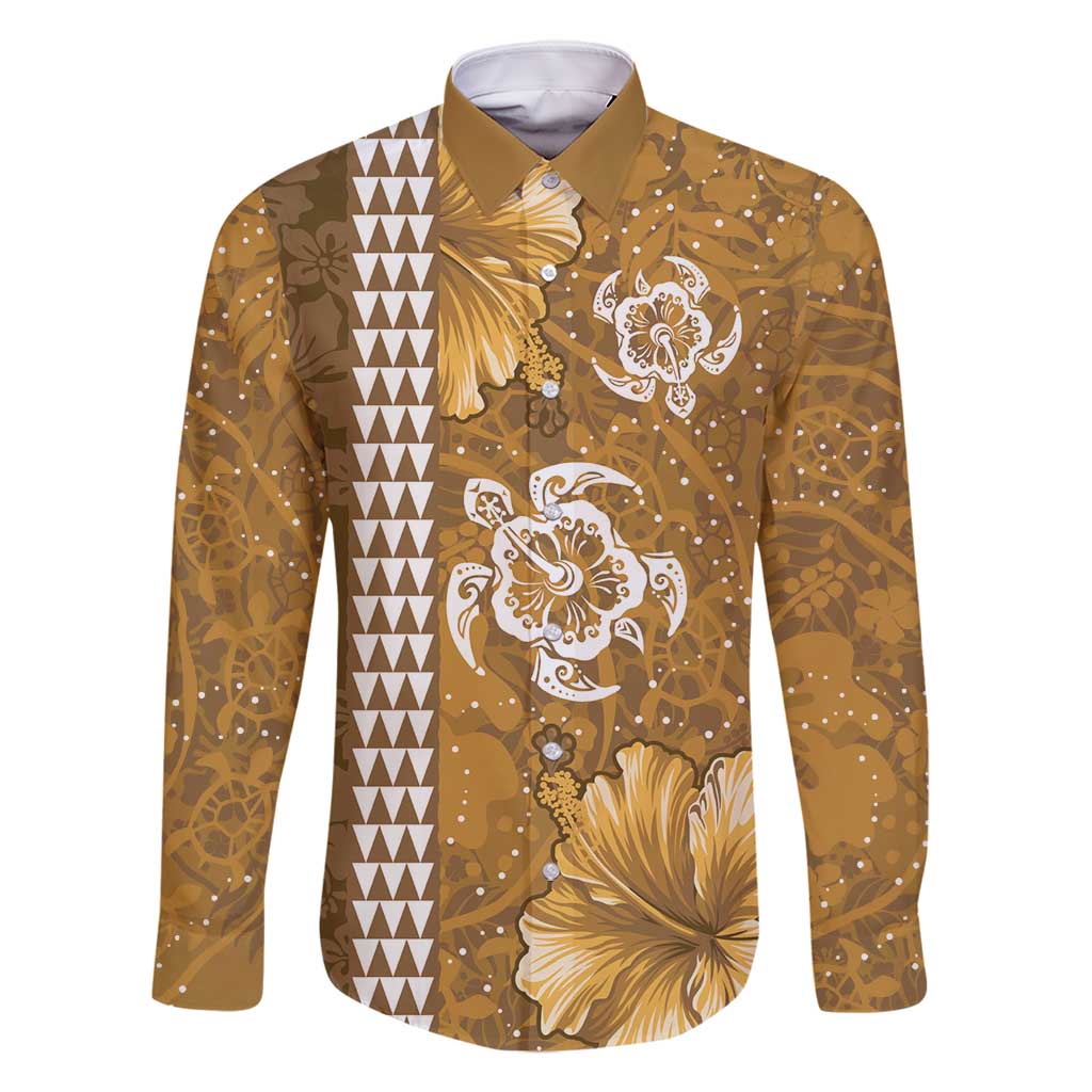 Gold Hibiscus Turle Family Matching Long Sleeve Bodycon Dress and Hawaiian Shirt Hawaiian Style Tribal Tapa Pattern LT9 Dad's Shirt - Long Sleeve Gold - Polynesian Pride