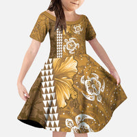 Gold Hibiscus Turle Family Matching Mermaid Dress and Hawaiian Shirt Hawaiian Style Tribal Tapa Pattern LT9 Daughter's Dress Gold - Polynesian Pride
