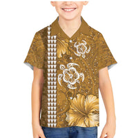 Gold Hibiscus Turle Family Matching Mermaid Dress and Hawaiian Shirt Hawaiian Style Tribal Tapa Pattern LT9 Son's Shirt Gold - Polynesian Pride