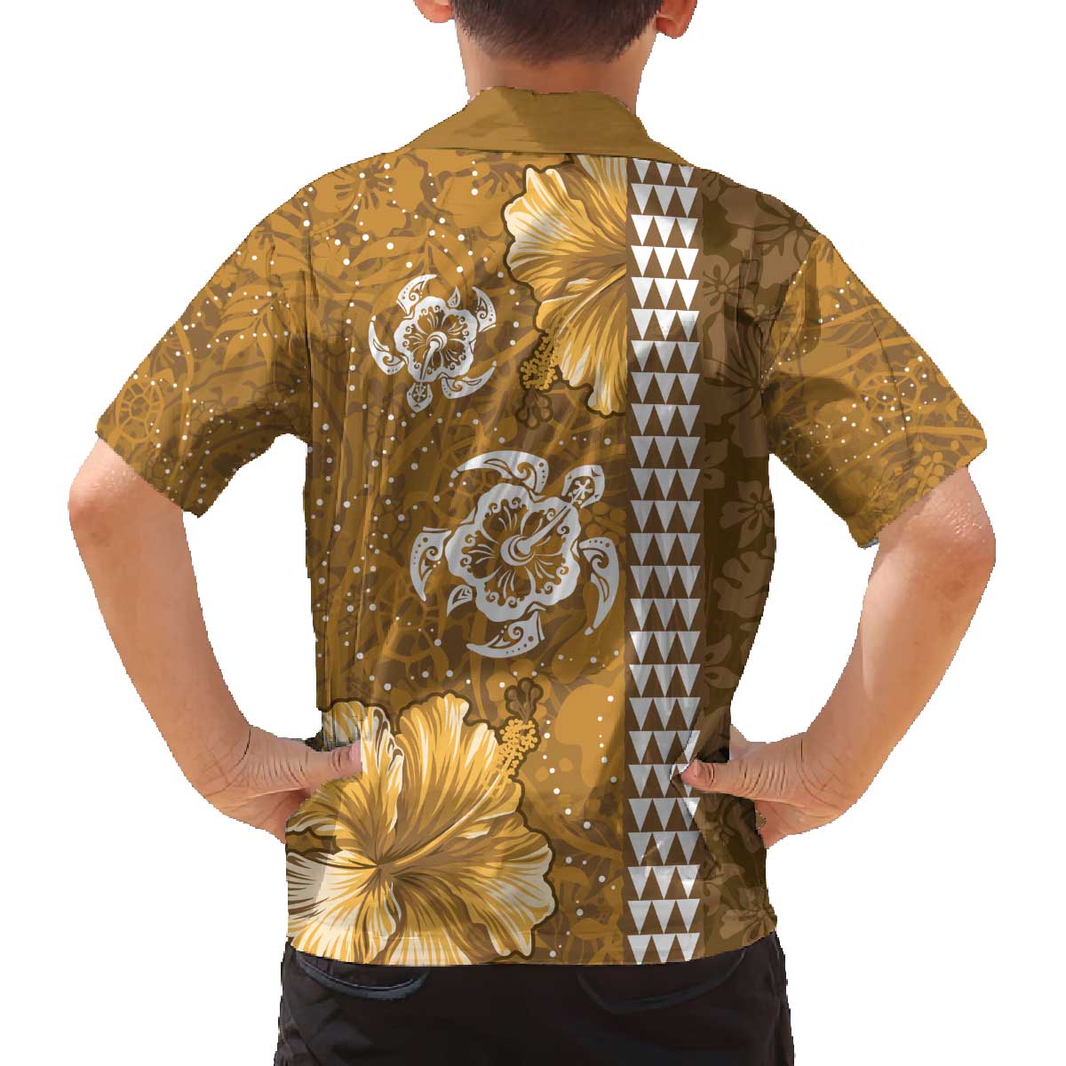 Gold Hibiscus Turle Family Matching Off The Shoulder Long Sleeve Dress and Hawaiian Shirt Hawaiian Style Tribal Tapa Pattern LT9 - Polynesian Pride