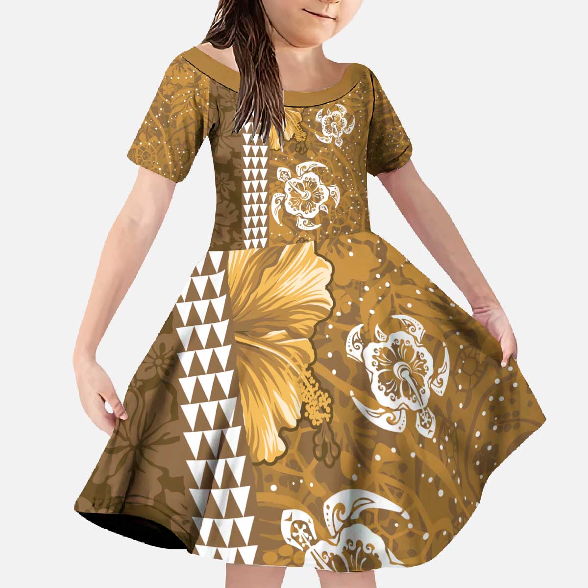 Gold Hibiscus Turle Family Matching Off The Shoulder Long Sleeve Dress and Hawaiian Shirt Hawaiian Style Tribal Tapa Pattern LT9 Daughter's Dress Gold - Polynesian Pride