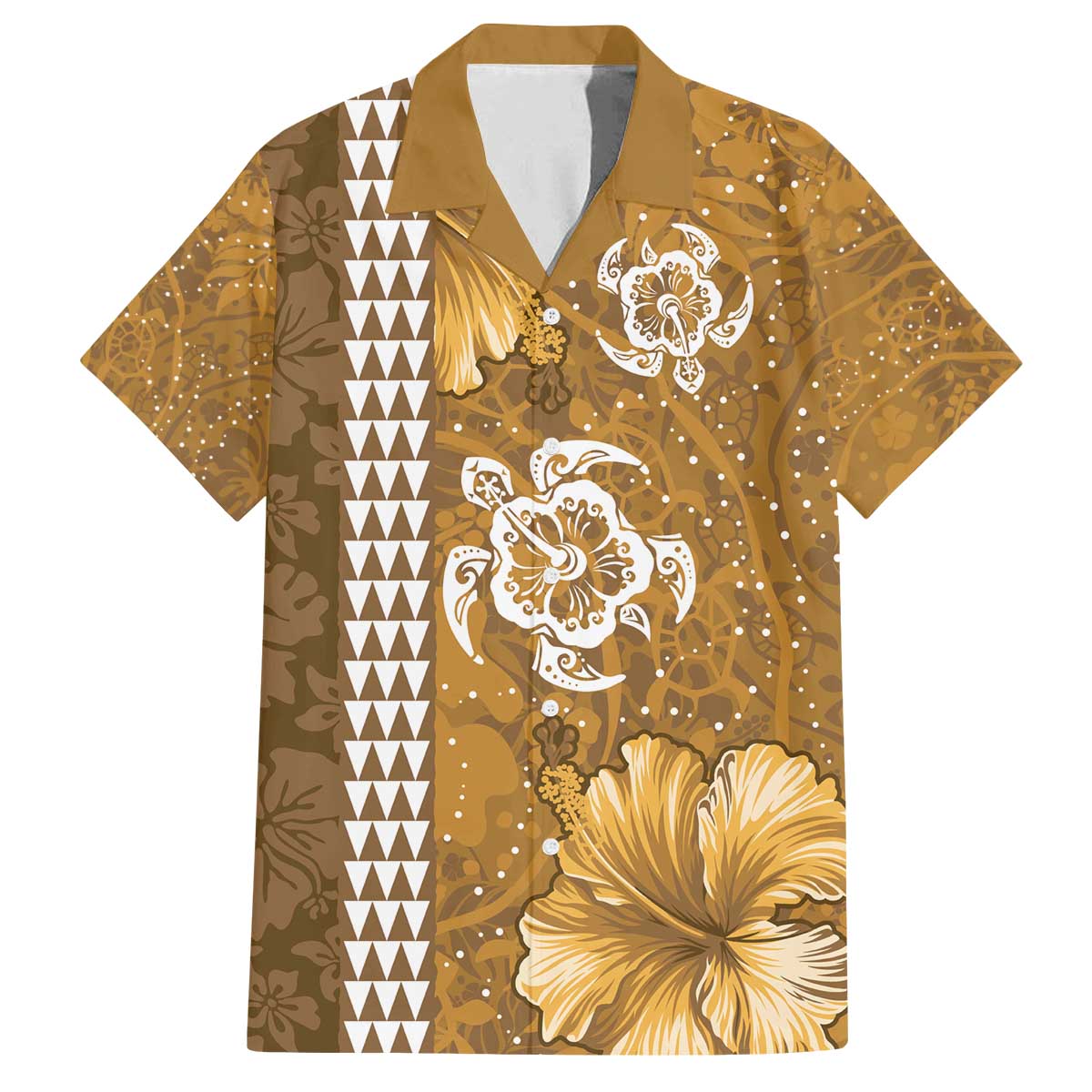 Gold Hibiscus Turle Family Matching Off The Shoulder Long Sleeve Dress and Hawaiian Shirt Hawaiian Style Tribal Tapa Pattern LT9 Dad's Shirt - Short Sleeve Gold - Polynesian Pride
