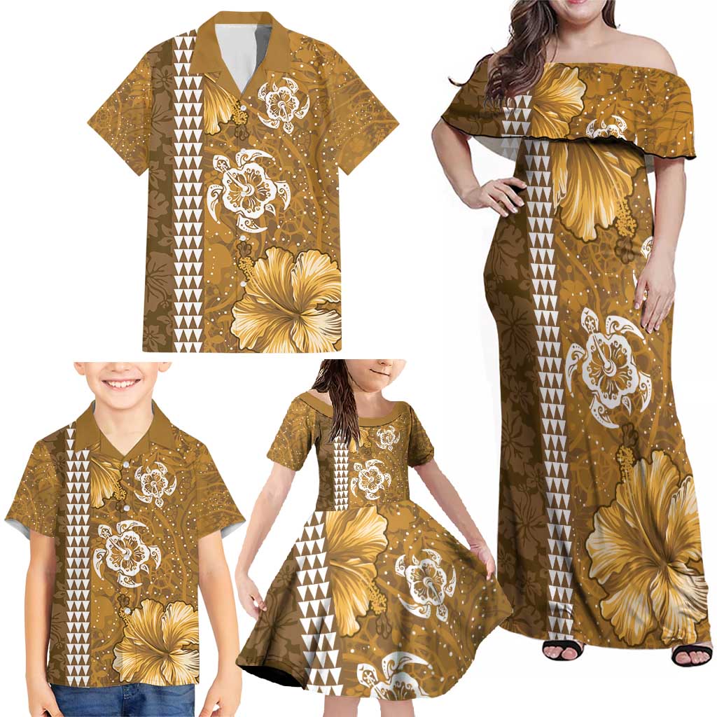Gold Hibiscus Turle Family Matching Off Shoulder Maxi Dress and Hawaiian Shirt Hawaiian Style Tribal Tapa Pattern