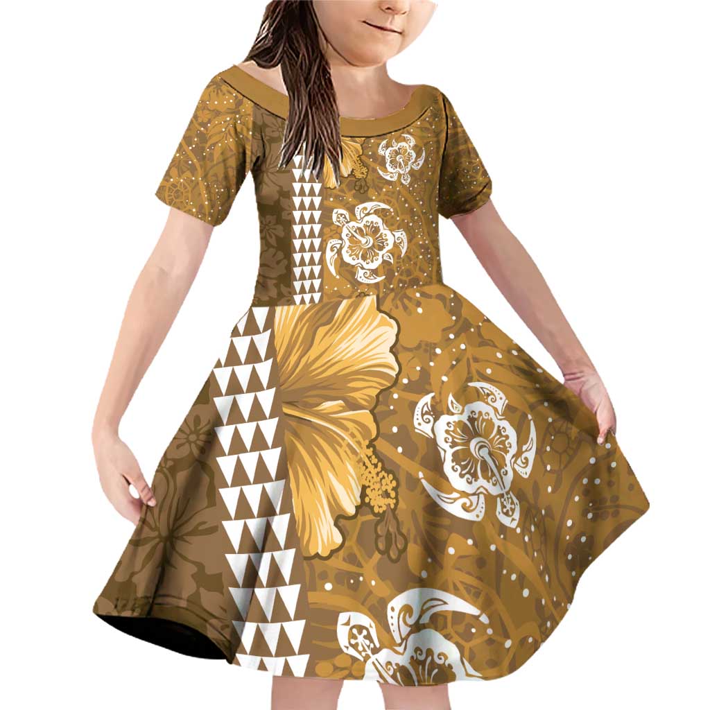 Gold Hibiscus Turle Family Matching Off Shoulder Short Dress and Hawaiian Shirt Hawaiian Style Tribal Tapa Pattern LT9 Daughter's Dress Gold - Polynesian Pride