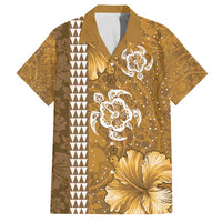 Gold Hibiscus Turle Family Matching Off Shoulder Short Dress and Hawaiian Shirt Hawaiian Style Tribal Tapa Pattern LT9 Dad's Shirt - Short Sleeve Gold - Polynesian Pride