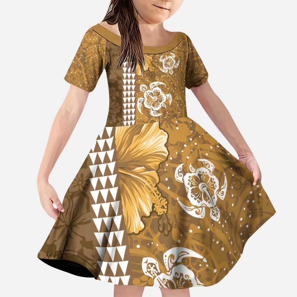 Gold Hibiscus Turle Family Matching Puletasi and Hawaiian Shirt Hawaiian Style Tribal Tapa Pattern LT9 Daughter's Dress Gold - Polynesian Pride