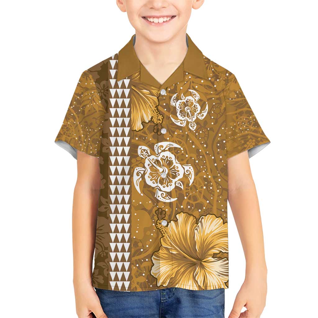 Gold Hibiscus Turle Family Matching Puletasi and Hawaiian Shirt Hawaiian Style Tribal Tapa Pattern LT9 Son's Shirt Gold - Polynesian Pride