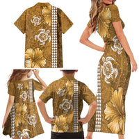 Gold Hibiscus Turle Family Matching Short Sleeve Bodycon Dress and Hawaiian Shirt Hawaiian Style Tribal Tapa Pattern LT9 - Polynesian Pride