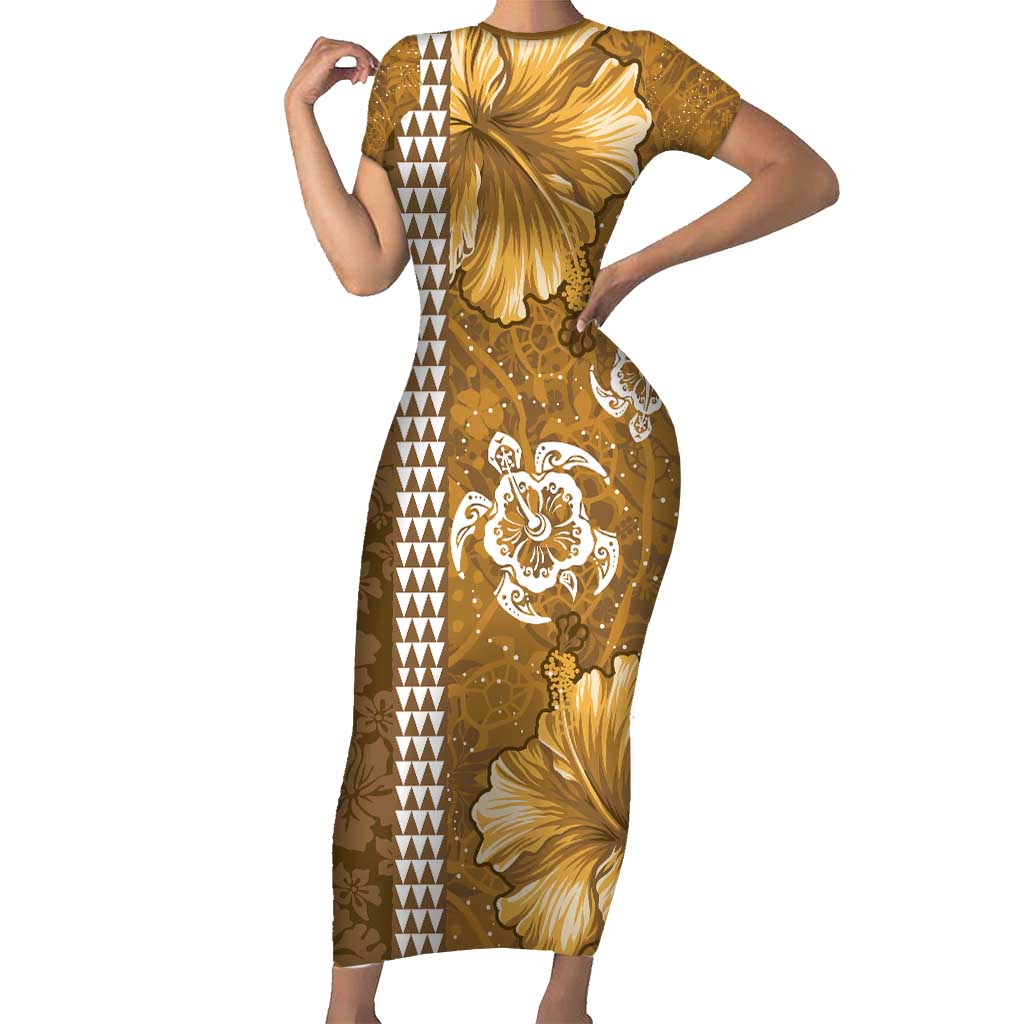 Gold Hibiscus Turle Family Matching Short Sleeve Bodycon Dress and Hawaiian Shirt Hawaiian Style Tribal Tapa Pattern LT9 Mom's Dress Gold - Polynesian Pride