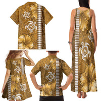 Gold Hibiscus Turle Family Matching Tank Maxi Dress and Hawaiian Shirt Hawaiian Style Tribal Tapa Pattern