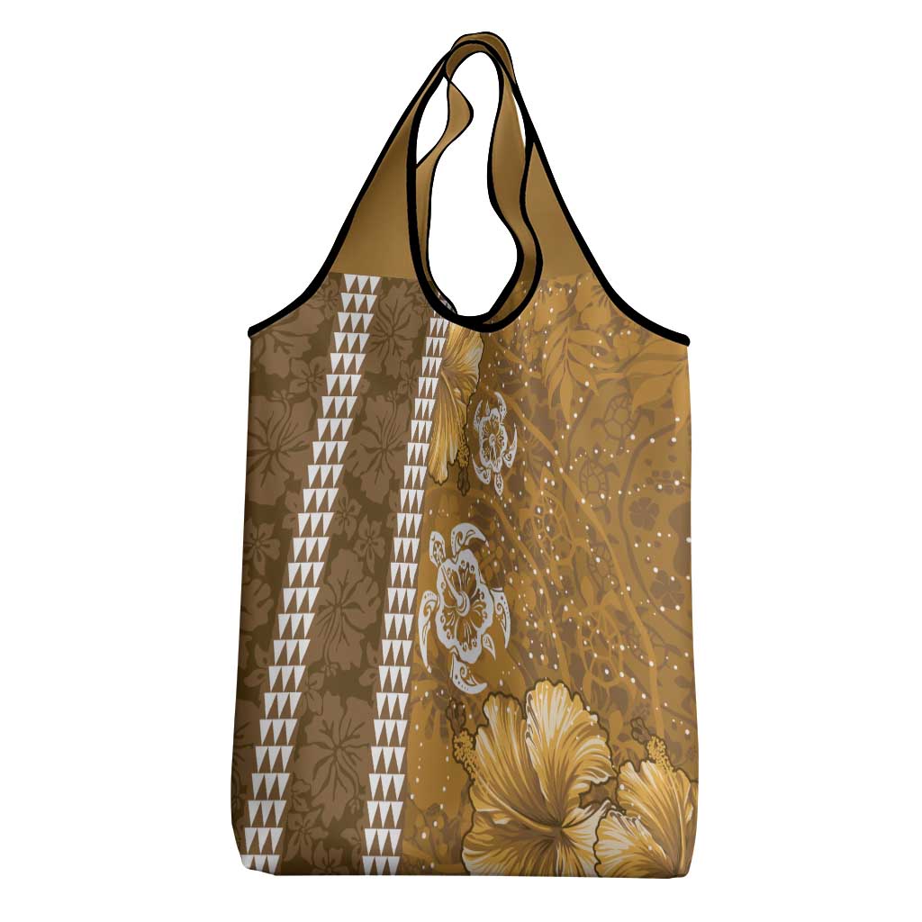 Gold Hibiscus Turle Grocery Bag Hawaiian Style Tribal Tapa Pattern