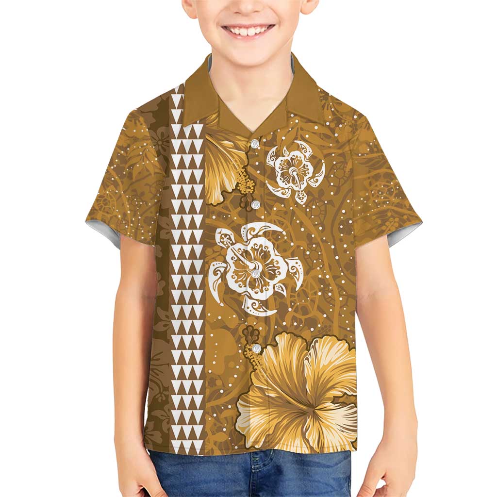 Gold Hibiscus Turle Kid Hawaiian Shirt Hawaiian Style Tribal Tapa Pattern