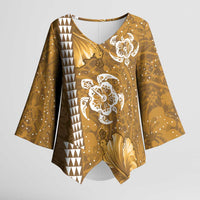 Gold Hibiscus Turle Kimono Sleeve Blouse Hawaiian Style Tribal Tapa Pattern - Polynesian Pride