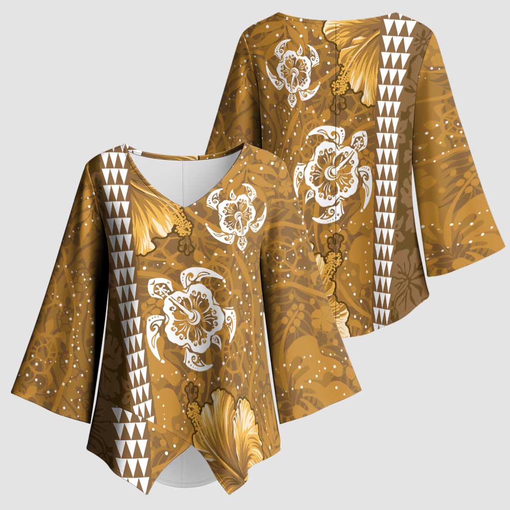 Gold Hibiscus Turle Kimono Sleeve Blouse Hawaiian Style Tribal Tapa Pattern - Polynesian Pride