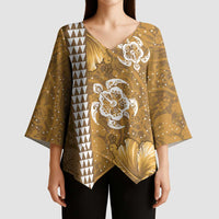 Gold Hibiscus Turle Kimono Sleeve Blouse Hawaiian Style Tribal Tapa Pattern - Polynesian Pride