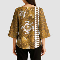 Gold Hibiscus Turle Kimono Sleeve Blouse Hawaiian Style Tribal Tapa Pattern - Polynesian Pride