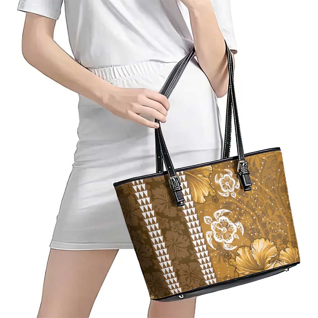 Gold Hibiscus Turle Leather Tote Bag Hawaiian Style Tribal Tapa Pattern