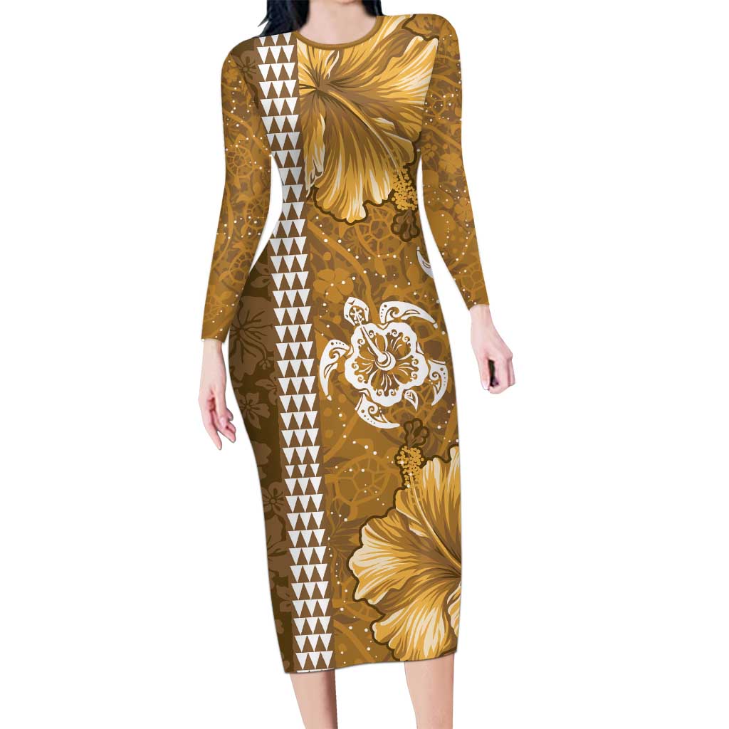 Gold Hibiscus Turle Long Sleeve Bodycon Dress Hawaiian Style Tribal Tapa Pattern