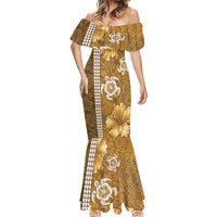 Gold Hibiscus Turle Mermaid Dress Hawaiian Style Tribal Tapa Pattern